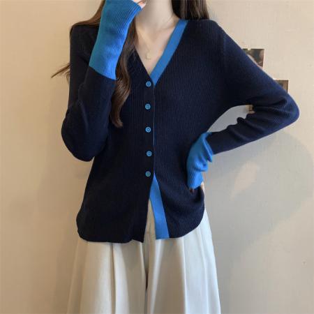FA47812# ～大码撞色v领针织开衫气质轻熟风单排扣毛衣韩版显瘦上衣 服裝批發女裝批發服飾貨源