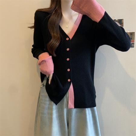 FA47812# ～大码撞色v领针织开衫气质轻熟风单排扣毛衣韩版显瘦上衣 服裝批發女裝批發服飾貨源