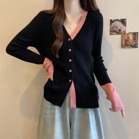 FA47812# ～大码撞色v领针织开衫气质轻熟风单排扣毛衣韩版显瘦上衣 服裝批發女裝批發服飾貨源