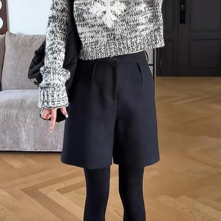 FA47814# 秋冬新款时尚厚款高腰休闲裤女装显瘦中裤靴裤极简百搭四分裤子女 服裝批發女裝批發服飾貨源