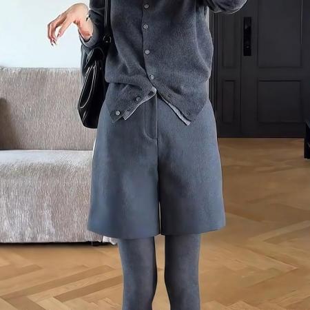 FA47814# 秋冬新款时尚厚款高腰休闲裤女装显瘦中裤靴裤极简百搭四分裤子女 服裝批發女裝批發服飾貨源