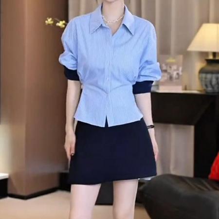 FA47816# 韩系时尚设计感秋季新款条纹衬衫女洋气显瘦收腰百搭长袖上衣 服裝批發女裝批發服飾貨源