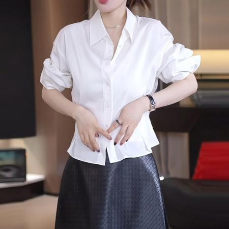 FA47816# 韩系时尚设计感秋季新款条纹衬衫女洋气显瘦收腰百搭长袖上衣 服裝批發女裝批發服飾貨源