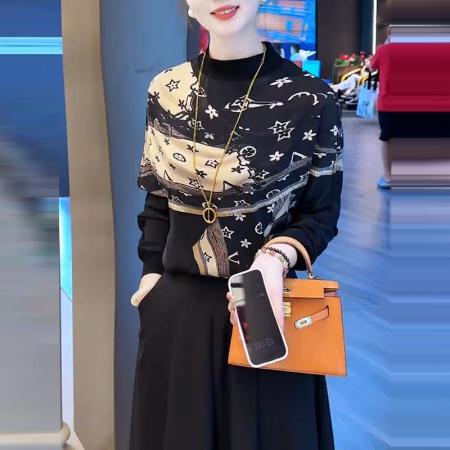 FA47818# 春秋季新款时尚休闲宽松显瘦长袖半高领印花高级感打底衬衣 服裝批發女裝批發服飾貨源