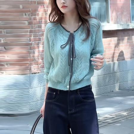 FA47819# 韩系宽松复古镂空设计感系带显白针织开衫早秋洋气时尚毛衣女上衣 服裝批發女裝批發服飾貨源