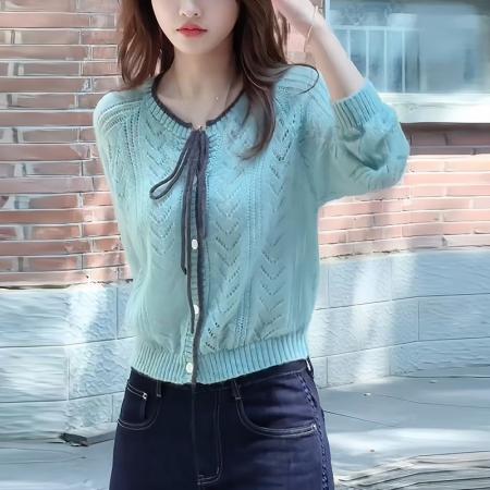 FA47819# 韩系宽松复古镂空设计感系带显白针织开衫早秋洋气时尚毛衣女上衣 服裝批發女裝批發服飾貨源