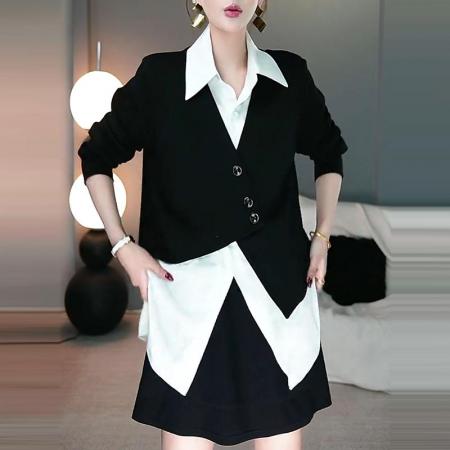 FA47820# 早秋新款洋气衣服女设计感小众拼接假两件长袖衬衫宽松显瘦上衣潮 服裝批發女裝批發服飾貨源