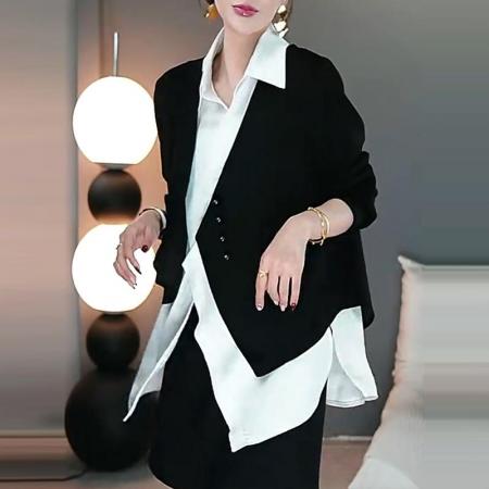 FA47820# 早秋新款洋气衣服女设计感小众拼接假两件长袖衬衫宽松显瘦上衣潮 服裝批發女裝批發服飾貨源