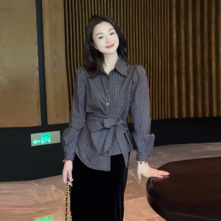 FA47821# 不规则收腰系带翻领长袖格子衬衫女秋季韩系小众减龄别致上衣 服裝批發女裝批發服飾貨源