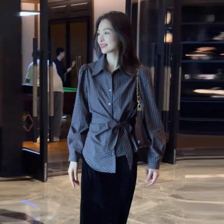 FA47821# 不规则收腰系带翻领长袖格子衬衫女秋季韩系小众减龄别致上衣 服裝批發女裝批發服飾貨源