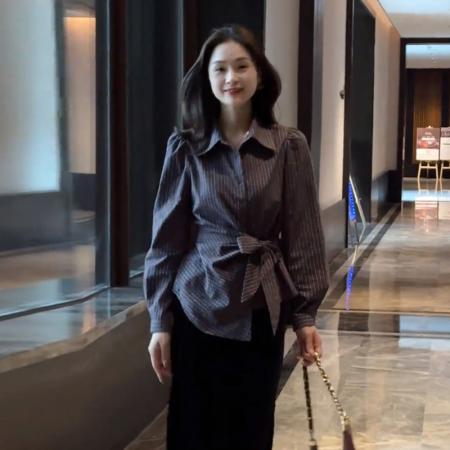 FA47821# 不规则收腰系带翻领长袖格子衬衫女秋季韩系小众减龄别致上衣 服裝批發女裝批發服飾貨源