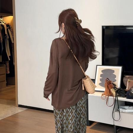 FA47822# 时尚露肩镂空设计感长袖T恤女秋季新款宽松显瘦圆领通勤百搭上衣 服裝批發女裝批發服飾貨源