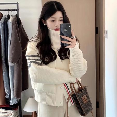 FA47826# 韩系学院风设计感拼接针织棉服男女秋冬独特别致立领轻薄棉衣外套 服裝批發女裝批發服飾貨源