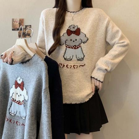 FA47829# 秋冬新款拼色卡通图案钉珠针织衫毛衣大码百搭显瘦上衣 服裝批發女裝批發服飾貨源