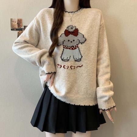 FA47829# 秋冬新款拼色卡通图案钉珠针织衫毛衣大码百搭显瘦上衣 服裝批發女裝批發服飾貨源
