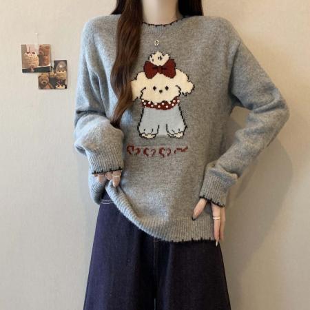 FA47829# 秋冬新款拼色卡通图案钉珠针织衫毛衣大码百搭显瘦上衣 服裝批發女裝批發服飾貨源