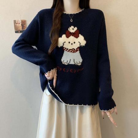 FA47829# 秋冬新款拼色卡通图案钉珠针织衫毛衣大码百搭显瘦上衣 服裝批發女裝批發服飾貨源