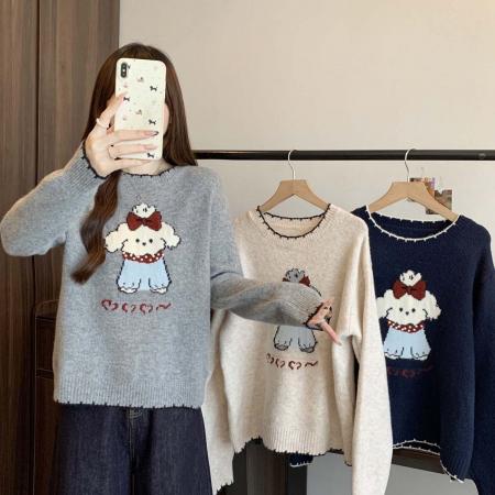 FA47829# 秋冬新款拼色卡通图案钉珠针织衫毛衣大码百搭显瘦上衣 服裝批發女裝批發服飾貨源