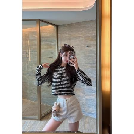 FA47830# 法式条纹圆领针织开衫女早秋新款设计感小众气质短款外套上衣 服裝批發女裝批發服飾貨源