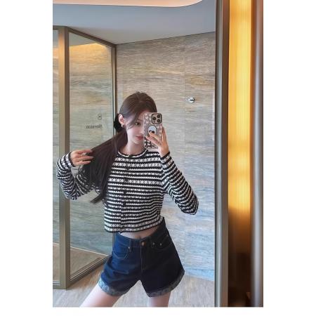 FA47830# 法式条纹圆领针织开衫女早秋新款设计感小众气质短款外套上衣 服裝批發女裝批發服飾貨源