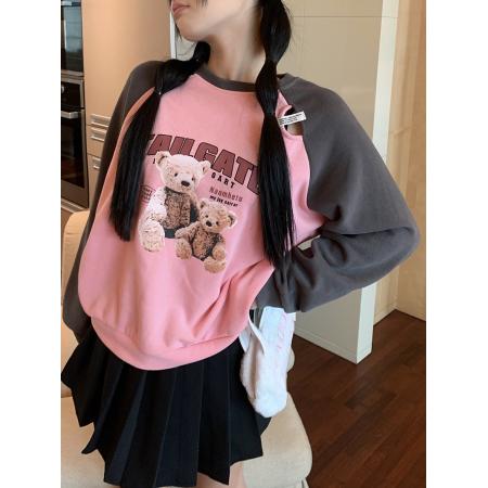 FA47831# 设计感破洞檫肩袖拼接小熊宽松长袖卫衣 服裝批發女裝批發服飾貨源