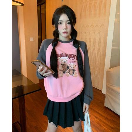 FA47831# 设计感破洞檫肩袖拼接小熊宽松长袖卫衣 服裝批發女裝批發服飾貨源