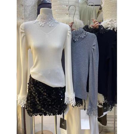 FA47832# 法式纯欲蕾丝拼接v领毛针织衫秋新款修身弹力打底衫上衣 服裝批發女裝批發服飾貨源
