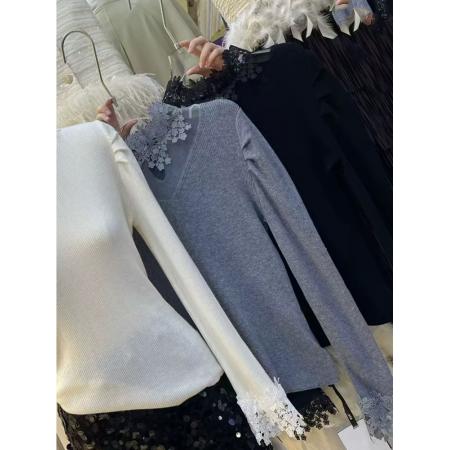 FA47832# 法式纯欲蕾丝拼接v领毛针织衫秋新款修身弹力打底衫上衣 服裝批發女裝批發服飾貨源