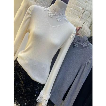 FA47832# 法式纯欲蕾丝拼接v领毛针织衫秋新款修身弹力打底衫上衣 服裝批發女裝批發服飾貨源