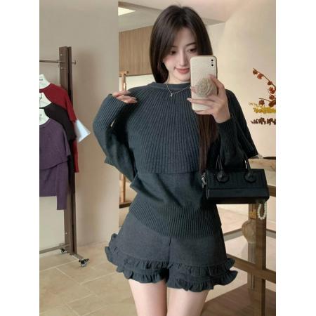 FA47833# 法式斗篷假两件红色毛衣女秋冬季慵懒风叠穿针织衫上衣 服裝批發女裝批發服飾貨源