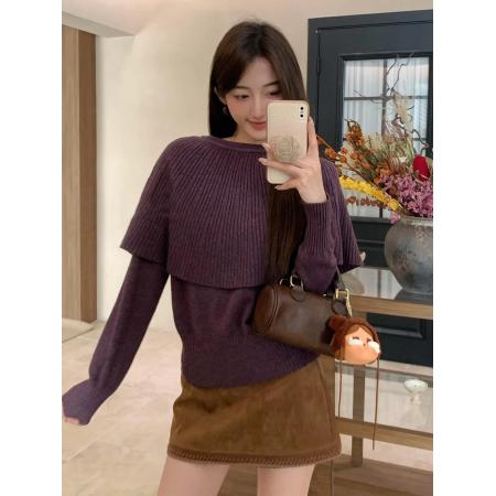 FA47833# 法式斗篷假两件红色毛衣女秋冬季慵懒风叠穿针织衫上衣 服裝批發女裝批發服飾貨源