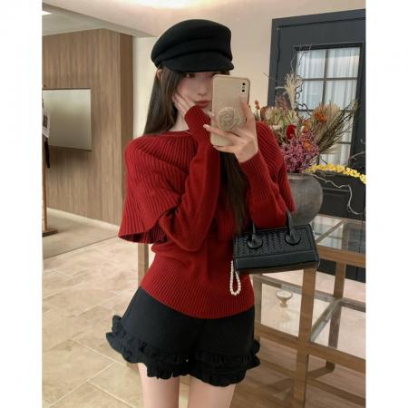 FA47833# 法式斗篷假两件红色毛衣女秋冬季慵懒风叠穿针织衫上衣 服裝批發女裝批發服飾貨源