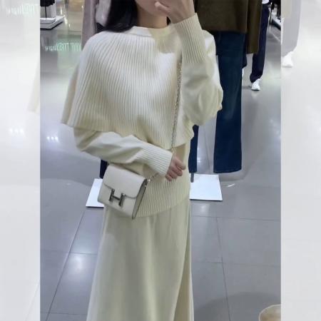 FA47833# 法式斗篷假两件红色毛衣女秋冬季慵懒风叠穿针织衫上衣 服裝批發女裝批發服飾貨源