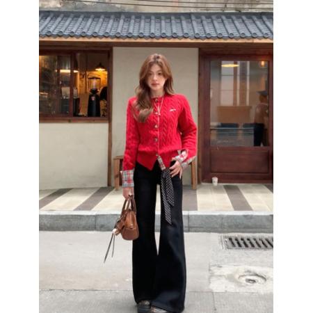 FA47835# 学院风格子拼接圣诞节穿搭红色毛衣开衫女秋冬加厚慵懒风针织外套 服裝批發女裝批發服飾貨源