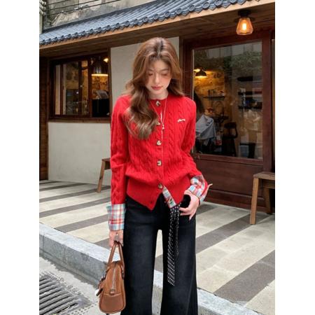 FA47835# 学院风格子拼接圣诞节穿搭红色毛衣开衫女秋冬加厚慵懒风针织外套 服裝批發女裝批發服飾貨源