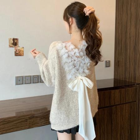 FA47836# 高级感绝美漂亮后背立体花朵蝴蝶结大码超好看显瘦别致毛衣女秋冬 服裝批發女裝批發服飾貨源