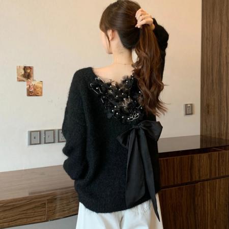 FA47836# 高级感绝美漂亮后背立体花朵蝴蝶结大码超好看显瘦别致毛衣女秋冬 服裝批發女裝批發服飾貨源