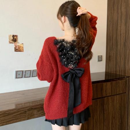 FA47836# 高级感绝美漂亮后背立体花朵蝴蝶结大码超好看显瘦别致毛衣女秋冬 服裝批發女裝批發服飾貨源