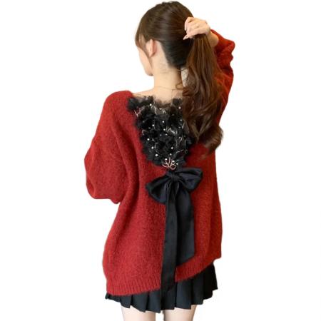 FA47836# 高级感绝美漂亮后背立体花朵蝴蝶结大码超好看显瘦别致毛衣女秋冬 服裝批發女裝批發服飾貨源