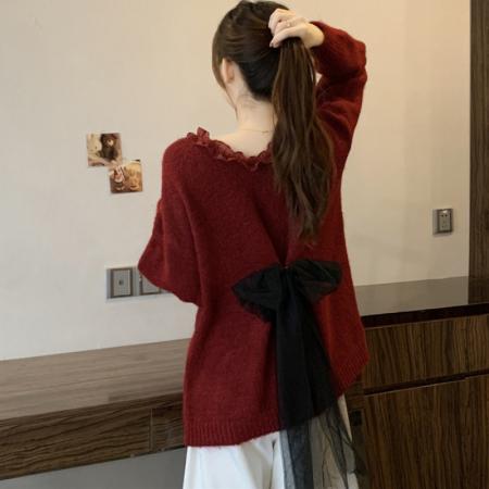 FA47837# 大码时尚后背蝴蝶结圣诞红色毛衣秋冬新款减龄针织衫胖MM上衣女 服裝批發女裝批發服飾貨源