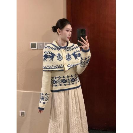 FA47838# 韩系复古米白色提花费尔岛毛衣外套冬季氛围感短款斗篷针织上衣女 服裝批發女裝批發服飾貨源