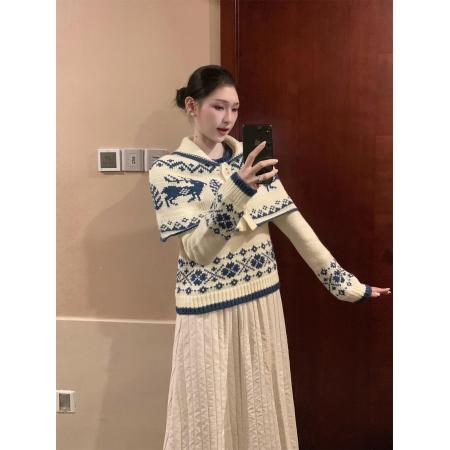 FA47838# 韩系复古米白色提花费尔岛毛衣外套冬季氛围感短款斗篷针织上衣女 服裝批發女裝批發服飾貨源