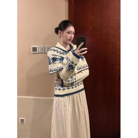 FA47838# 韩系复古米白色提花费尔岛毛衣外套冬季氛围感短款斗篷针织上衣女 服裝批發女裝批發服飾貨源