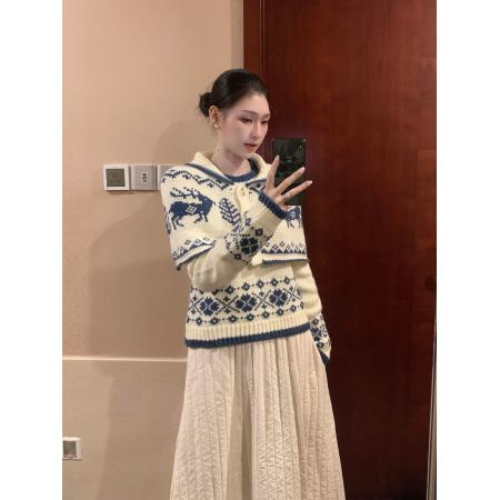 FA47838# 韩系复古米白色提花费尔岛毛衣外套冬季氛围感短款斗篷针织上衣女 服裝批發女裝批發服飾貨源