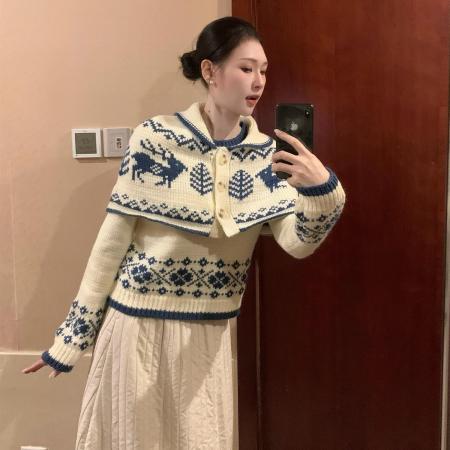 FA47838# 韩系复古米白色提花费尔岛毛衣外套冬季氛围感短款斗篷针织上衣女 服裝批發女裝批發服飾貨源