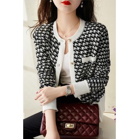 FA47840# 秋冬季的复古时髦香奶奶千鸟格针织开衫外套 服裝批發女裝批發服飾貨源