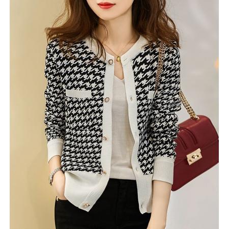 FA47840# 秋冬季的复古时髦香奶奶千鸟格针织开衫外套 服裝批發女裝批發服飾貨源