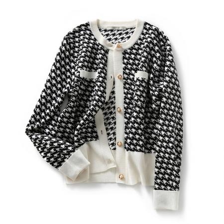 FA47840# 秋冬季的复古时髦香奶奶千鸟格针织开衫外套 服裝批發女裝批發服飾貨源