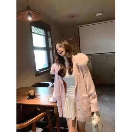 FA47841# 软糯毛衣外套女新款秋冬加厚大毛领小个子连帽宽松针织上衣 服裝批發女裝批發服飾貨源