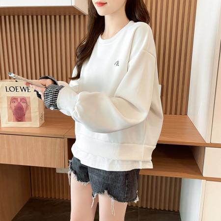 FA47844# 仿华棉复合春秋卫衣女格子拼接新款假两件小个子宽松上衣 服裝批發女裝批發服飾貨源